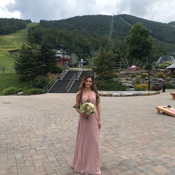 Jenny Yoo Ryan Illusion Neck Chiffon Gown Apricot - Picture 3 of 4